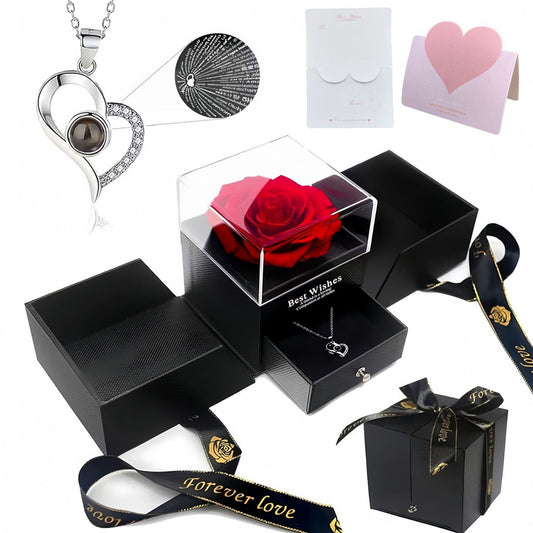 Cross-border popular heart necklace with "I love you" projection in 100 languages, rose gift box, Valentine's Day gift.